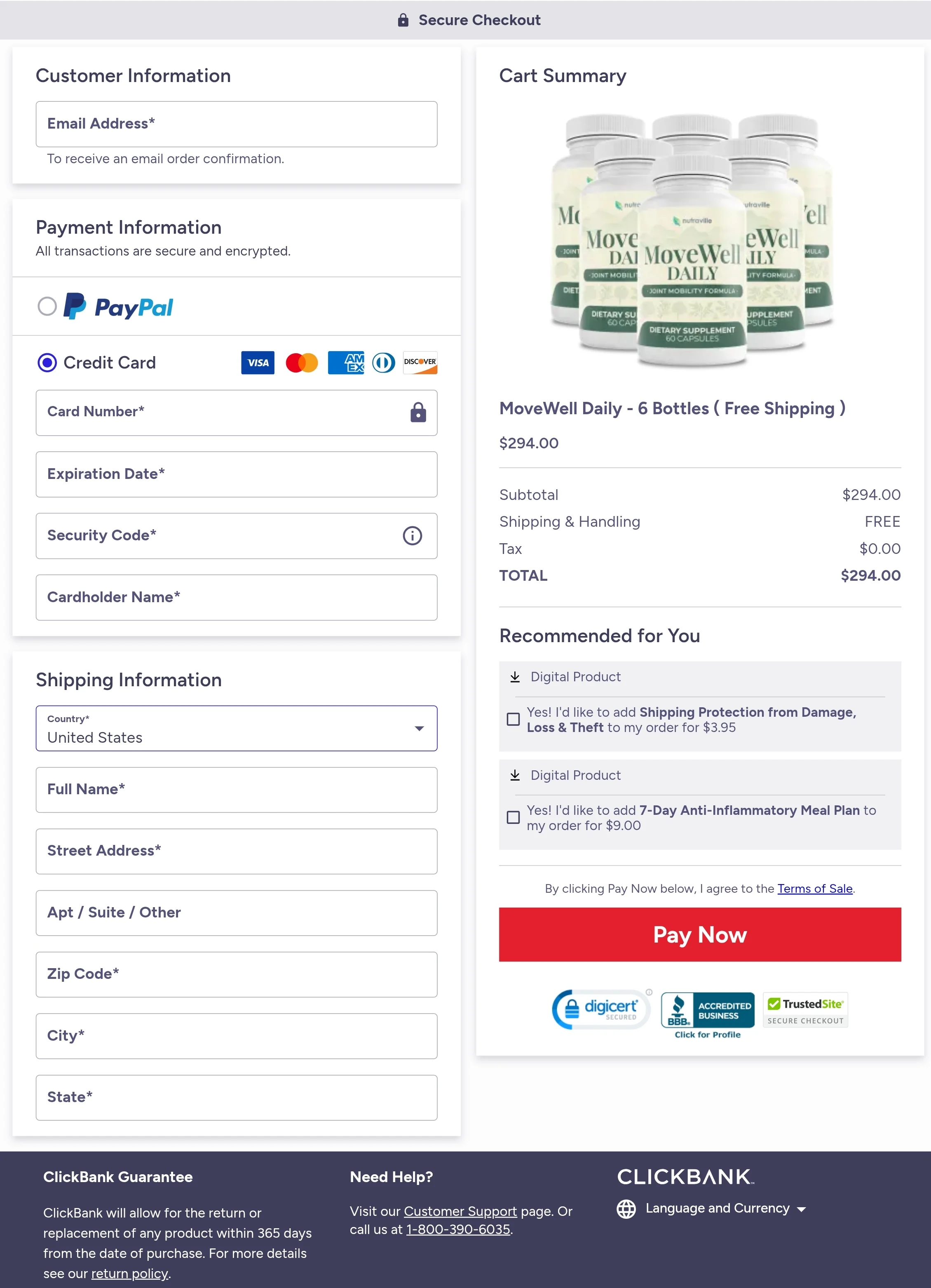 MoveWell Daily order form